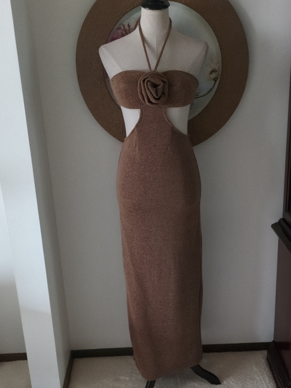 Dark Tan Halter Cutout Maxi Dress with Floral Accent